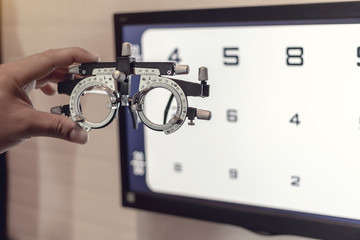 Eyesight check. Eye check equipment. Poor eyesight. Medical equipment for ophthalmology. Ophthalmology