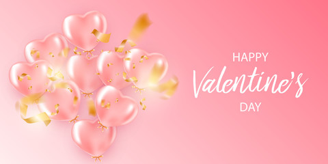 Festive banner with pink helium balloons. Frame composition with space for your text. Romantic background. Valentine's day concept .