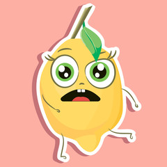 cartoon lemon vector image, sticker of cute lemon, funny character 