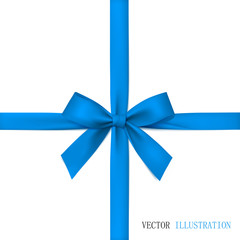 Blue bow and ribbon isolated. Template for greeting card or poster.