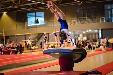 Fototapeten Young gymnast girl performing jump © samards