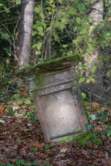 Alter jüdischer Grabstein in Schräglage auf dem Friedhof von Landau in der Pfalz