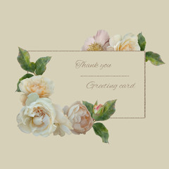 White roses, pink peony and iris isolated on pastel yellow background. Floral card with copy space. Bouquet of garden flowers.