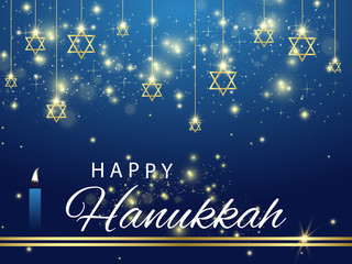 Hanukkah. Traditional Hanukkah holiday symbols. Star of David. Candles Minors. Blue background	