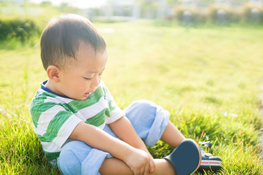 Little Asian Toddler Boy Has Allergies With Mosquitoes And Bug Bite And Itching His Feet.He Play In The Playground Park And Mosquito Or Snake Bite In Rainy Season.Mosquito Sucking Blood On Child Skin.