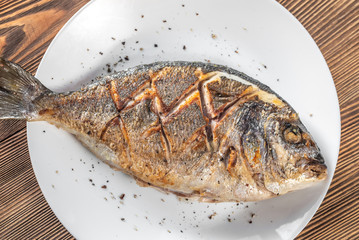 Fried sea bream on the plate