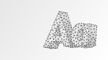 Alphabet letter A. Abstract digital wireframe, low poly mesh, vector white origami 3d illustration. Design of an Uppercase and lowercase letters. Banner, template or a pattern. Triangle, line dot