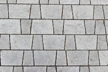 Sidewalk paved with two types of trapeziform gray tiles