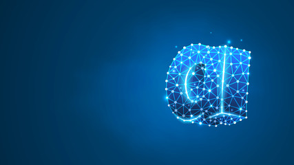 Alphabet letter A. Design of a lowercase letter. Banner, template or a pattern. Abstract digital wireframe, low poly mesh, Raster blue neon 3d illustration. Triangle, line, dot