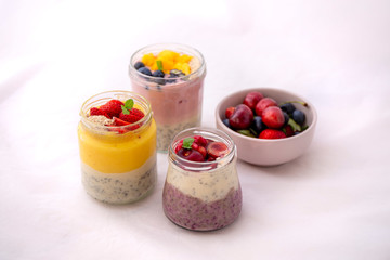 Chia pudding and fresh fruit smoothie, mango, berry, cherry