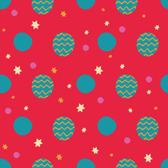 Vector bohemian christmas golden stars, turquoise and pink balls, red background seamless repeat pattern