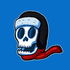 Smiling skull head wearing cold weather beanie hat and scarf vector illustration character colored handrawn tattoo design for winter season concept