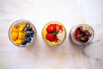 Chia pudding and fresh fruit smoothie, mango, berry, cherry