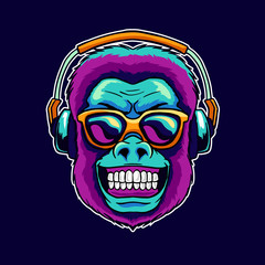 Monkey smile wear cool glasses while listening dope music on the headphone speaker vector illustration. Pop art color style animal gorilla head logo design for creative sound producer studio.