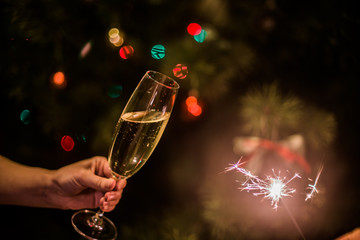 Glass with champagne and sparkler on a Christmas tree background