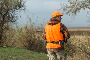 A man with a gun in his hands and an orange vest on a pheasant hunt in a wooded area in cloudy weather. Hunter with dogs in search of game.