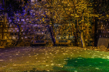 Tbilisi, Georgia Benches and fall foliage in a park illuminated by city lights.