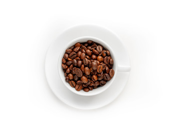 Cup of coffee with fried beans on white  background, isolate