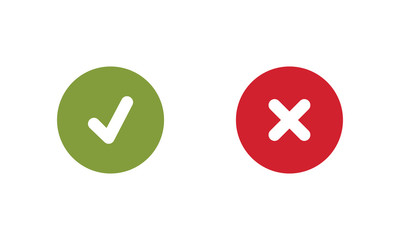 Obraz premium Tick and cross signs. Green checkmark OK and red X icons, Simple marks graphic design. Circle symbols YES and NO button for vote, Check box list icons. Check marks vector.