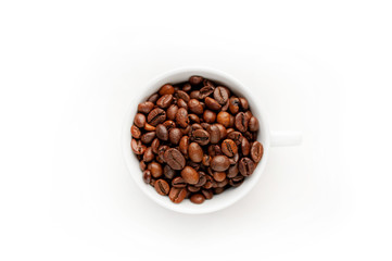 Cup of coffee with fried beans on white  background, isolate