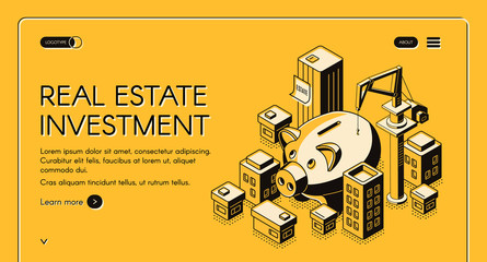 Real estate investment isometric landing page, huge piggy bank surrounded with skyscrapers and building crane, invest fund increase money finance business. 3d vector illustration, line art web banner