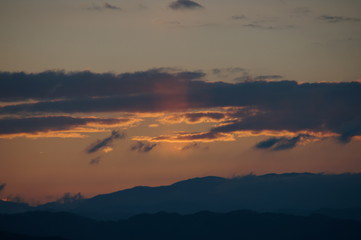 Japan city and lake sunset landscape