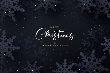 Fototapeta Merry Christmas and Happy New Year. Dark background with shining glitter, 3d black  snowflakes in paper cut style. Minimal Xmas design. vector illustration obraz