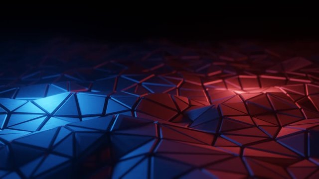 Abstract 3D visualization of a geometric low-poly surface. Computer animation loop. Modern background with polygonal shape. Loopable motion design 4k UHD