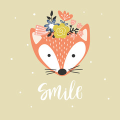 Funny fox with flowers and text