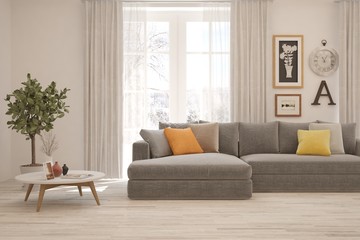 Stylish room in white color with sofa and winter landscape in window. Scandinavian interior design. 3D illustration
