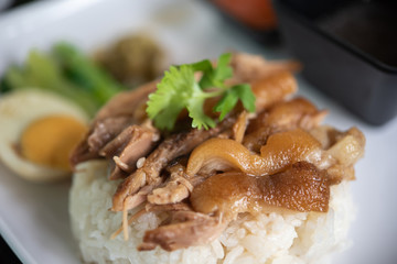 Stewed pork leg in brown sauce with rice.	