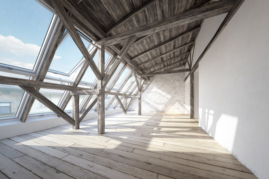 Scandinavian attic interior with wooden beam roof construction and wooden floor