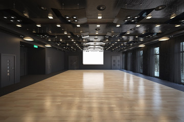 Projection hall with projection screen on stage. Art gallery. Free space for advertising.