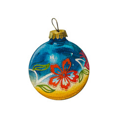 Hand-painted watercolor vinage Christmas tree toy. Colorful ball for a happy new year. Isolated illustration on white background for the design of cards, invitations and greetings.