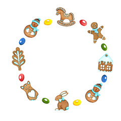 Gingerbread in vintage style. Round frame. Christmas card. Christmas gingerbread. A pattern of watercolor illustration. Vintage holiday decor. White background.