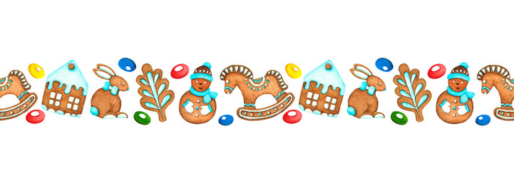 Gingerbread in vintage style. Seamless border. Christmas card. Christmas gingerbread. A pattern of watercolor illustration. Vintage holiday decor. White background.