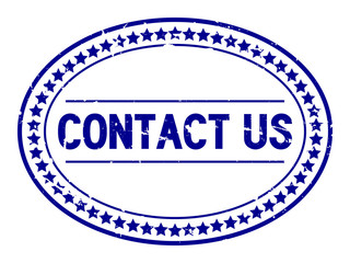 Grunge blue contact us word oval rubber seal stamp on white background