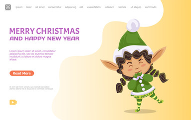 Obraz premium Merry Christmas and happy new year, cute female elf with closed eyes. Winter holidays celebration and greeting with wintry events. Website or webpage template, landing page, vector in flat style