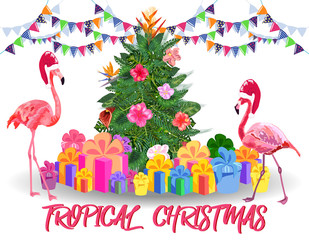 Fototapeta premium Christmas tree made of tropical monstera leaves, avocado, gifts under the tree and fireworks. New Year celebration concept, banner, postcard