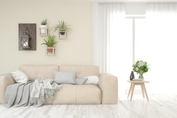 Stylish room in white color with sofa. Scandinavian interior design. 3D illustration