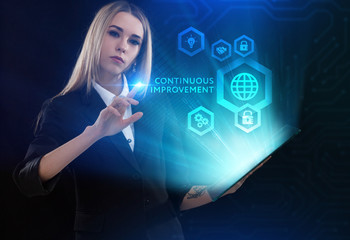 Business, Technology, Internet and network concept. Young businessman working on a virtual screen of the future and sees the inscription: Continuous improvement