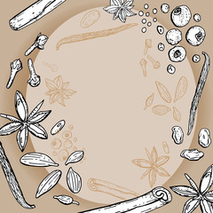 Frame with ingredients for making mulled wine. Christmas winter drink made of ginger, cinnamon, cloves, vanilla, pepper, anise. Seasonal food. Spice and flavor. Can be used to create postcards.