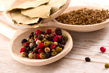 Mixed spices on the wooden spoons