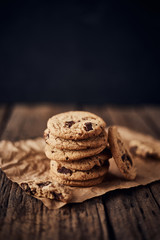 Chocolate chip cookies, Sweet biscuits, Concept for a tasty snack.