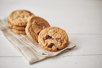 Chocolate chip cookies, Sweet biscuits, Concept for a tasty snack.