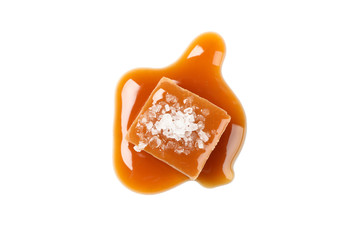 Salted caramel candy with sauce isolated on white background