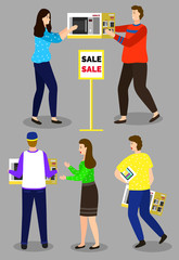 Characters buying appliances for home. People fighting for goods on sale. Man and woman holding microwave oven. Shoppers being angry and rude with each other vector in flat style illustration