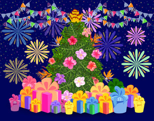 Obraz premium Christmas tree made of tropical monstera leaves, avocado, gifts under the tree and fireworks. New Year celebration concept, banner, postcard, creative