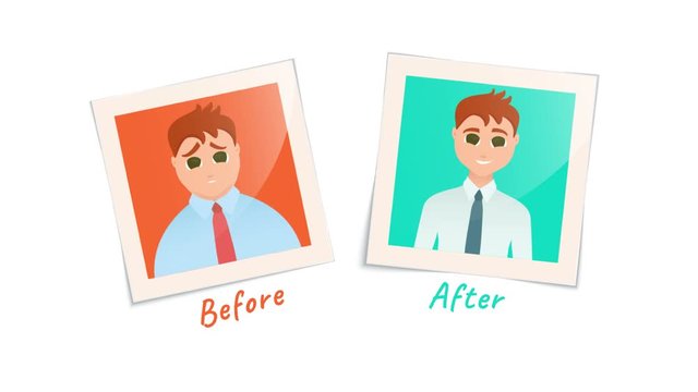 Cartoon animation of two pictures of a man before and after weight loss. Transformation to perfect body motion graphics. Successful diet and beauty concept. 