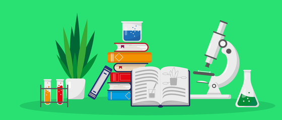 Research lab - books, plant and science equipment. Education, chemistry and biology concept. Vector illustration.
